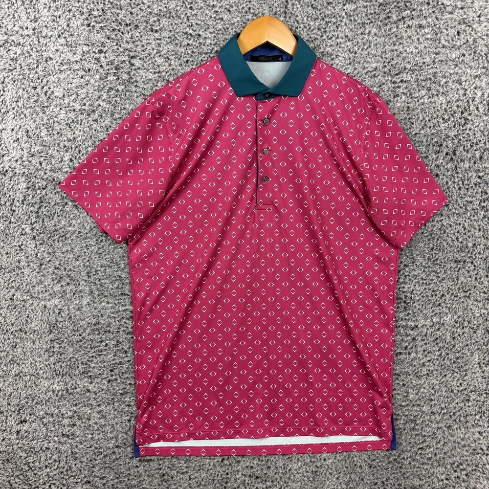 Greyson Shirt Mens Medium Pink Geometric Print Golf Polo Contrast Collar Logo
